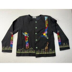 Puffin Island Womens L Blazer Jacket Giraffe Embroidered Black Fancy Buttons